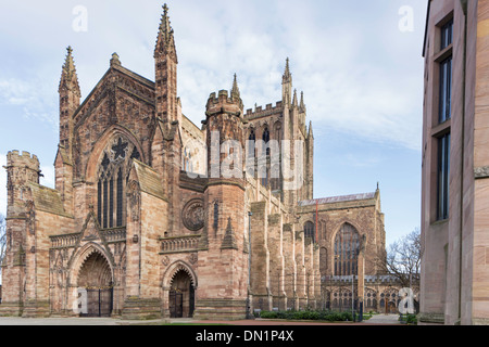 L'avant de l'ouest de la cathédrale de Hereford, Herefordshire, Angleterre, RU Banque D'Images