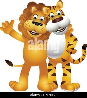 Heureux lion ET tigre cartoon Illustration de Vecteur