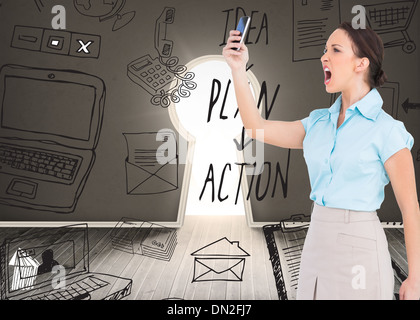 Image composite de angry classy businesswoman yelling at her smartphone Banque D'Images