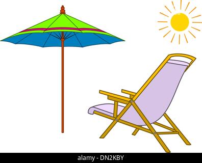 Chaise longue, parasol de plage et soleil Illustration de Vecteur