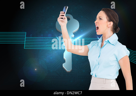 Image composite de angry classy businesswoman yelling at her smartphone Banque D'Images