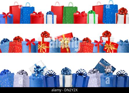 Ensemble de bannières shopping cadeaux avec les boîtes colorées avec arc et ri Illustration de Vecteur