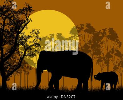 Famille d'éléphants sauvages dans paysage africain Illustration de Vecteur