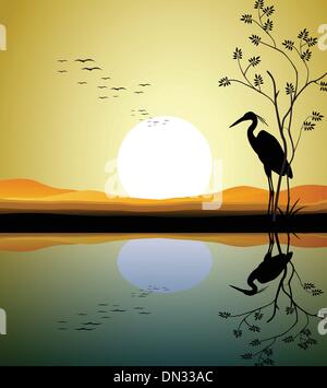 Silhouette heron sur le lac Illustration de Vecteur