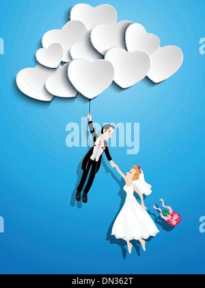 Couple marié à voler avec un ballon en forme de coeur Illustration de Vecteur