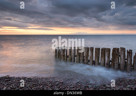 Épi en bois sur Bossington plage au coucher du soleil, Exmoor, Somerset, Angleterre. L'été (juillet) 2013. Banque D'Images