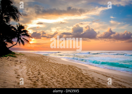 HAWAII, coucher du soleil tropical coloré sur Sunset Beach Park, North Shore, Oahu Hawaii - USA, l'Océan Pacifique Banque D'Images