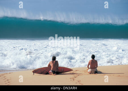 Déc 01, 2005 ; Oahu, Hawaii, USA ; surfers non identifiés en attente de trouver leur chemin vers le monde célèbre spot de surf sur la côte nord d'Oahu. Pipeline a coûté la vie au jeune surfeur tahitien, MALIK JOYEUX, le vendredi 2 décembre 2005 après avoir balayé sur la première vague d'un ensemble et a peut-être été assommé par son conseil et se sont noyés. Surfeur tahitien Malik Joyeux Dies Pipelin Banque D'Images