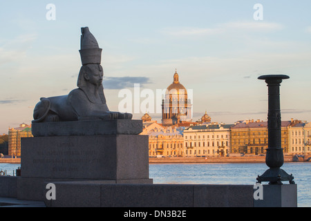 La Russie, Saint-Pétersbourg, sphinx de remblai de l'université et le soir vers la berge en anglais et la Cathédrale St Isaac Banque D'Images