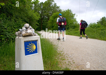 Les Pèlerins à pied près d'un marqueur le long du Camino de Santiago, le Chemin de Saint-Jacques de Compostelle, Navarra, Espagne. Banque D'Images