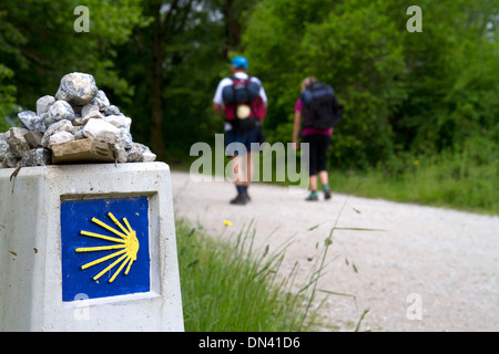 Les Pèlerins à pied près d'un marqueur le long du Camino de Santiago, le Chemin de Saint-Jacques de Compostelle, Navarra, Espagne. Banque D'Images