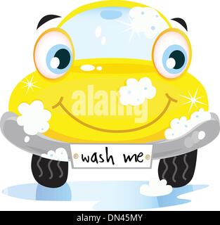 Service de lavage de voiture - plaisir automobile jaune avec des bulles de savon Illustration de Vecteur