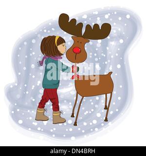 Carte de Noël avec mignon fille caresse un renne Illustration de Vecteur