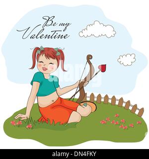 Jeune jolie fille avec arc cupidon saint-valentin Cardy. Illustration de Vecteur