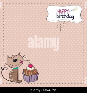 Carte de souhaits d'anniversaire avec un chat en attendant de manger un gâteau Illustration de Vecteur