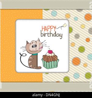 Carte de souhaits d'anniversaire avec un chat en attendant de manger un gâteau Illustration de Vecteur