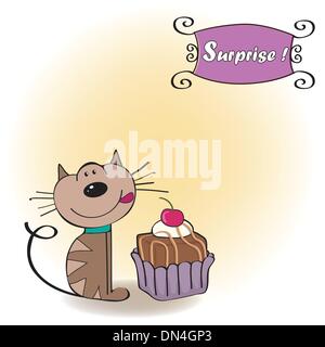 Carte de souhaits d'anniversaire avec un chat en attendant de manger un gâteau Illustration de Vecteur