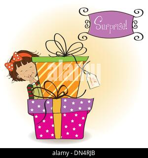 Cute little girl cachée derrière des boîtes de cadeaux. joyeux anniversaire gr Illustration de Vecteur