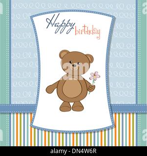 Joyeux anniversaire carte avec ours et fleurs Illustration de Vecteur