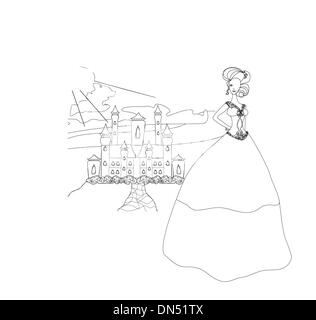 Belle jeune princesse en face de son château - doodle illust Illustration de Vecteur