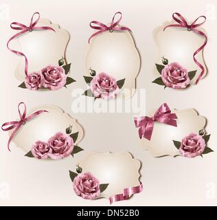 Ensemble de belles étiquettes rétro avec rose rose cadeau et archets. Vect