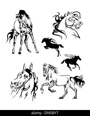 Ensemble de tatouages noir et blanc sous la forme d'un cheval sur un fond blanc Illustration de Vecteur