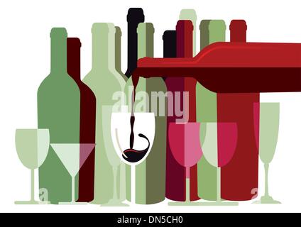 Blanc et vin rouge bouteilles et verres Illustration de Vecteur