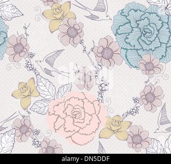 Motif florale. Modèle transparent avec fleurs et oiseaux Illustration de Vecteur