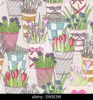 Seamless mignon motif floral. Modèle avec fleurs dans des seaux. Illustration de Vecteur