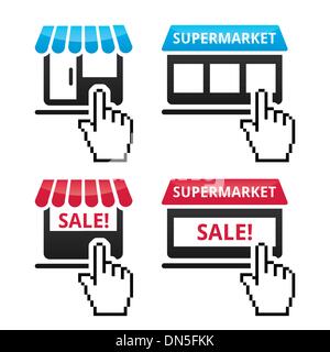 Shop, supermarché, la vente des icônes avec curseur icône main Illustration de Vecteur