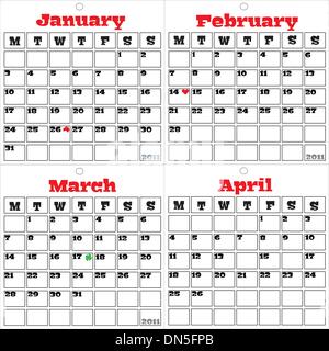 Les quatre premiers mois calendrier pour 2011 Illustration de Vecteur