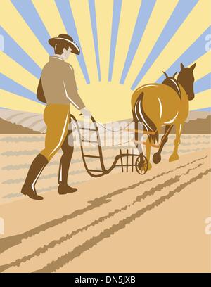 Et l'agriculteur laboure la ferme Illustration de Vecteur