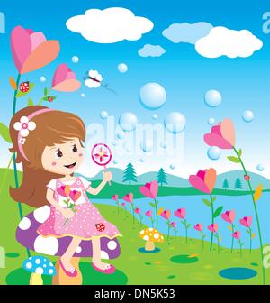 Girl blowing bubbles dans le jardin de fleurs Illustration de Vecteur