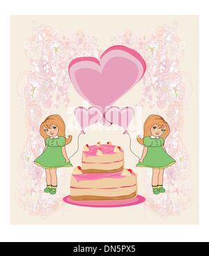 Anniversaire invitation,girl holding des ballons et un gâteau d'anniversaire wi Illustration de Vecteur