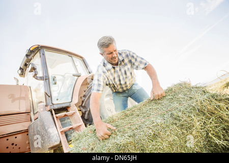 Caucasian farmer hauling hay bale Banque D'Images