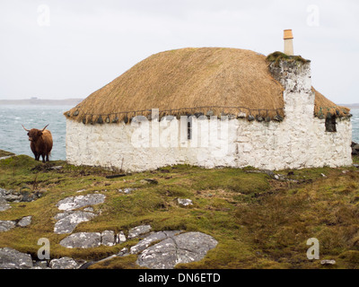 Croft House et Highland vache, South Uist Banque D'Images