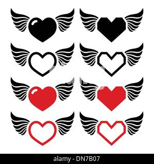 Coeur avec des ailes icons set Illustration de Vecteur