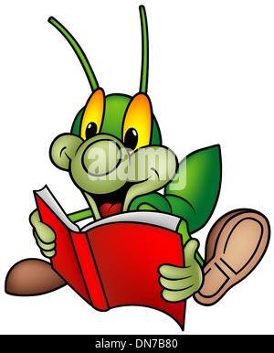 Happy Green Bug Reading Book Illustration de Vecteur