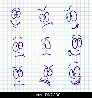 L'émotion, vector set de 9 visage sur des feuilles de carnet Illustration de Vecteur