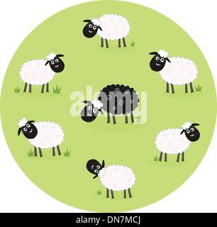 Un mouton noir est seul au milieu de moutons blancs en famille Illustration de Vecteur
