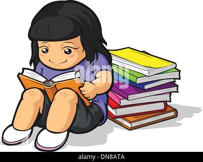 Caricature de Girl Student & Reading Book Illustration de Vecteur