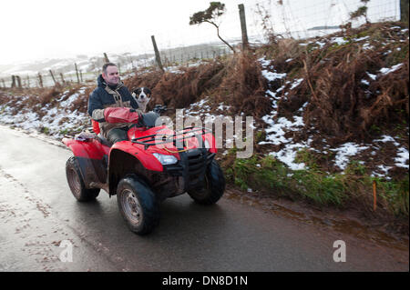 Gamme Epynt, Cambrian Mountains, Pays de Galles, Royaume-Uni. 20 décembre 2013. Un fermier va à vérifier son troupeau. Après les chutes de neige d'hier sur la haute terre et une nuit de gel, la température augmente à nouveau avec la pluie commence à faire fondre la neige. Credit : Graham M. Lawrence/Alamy Live News. Banque D'Images