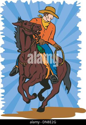 Cowboy sur cheval avec Lasso Illustration de Vecteur