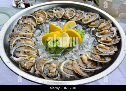 Un plat de deux douzaines d'huîtres fraîchement servi dans le célèbre restaurant waterside croate Bota Sare, à Mali Ston, Croatie Banque D'Images