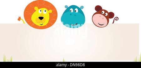 Trois mignons animaux de safari holding blank sign pour votre message Illustration de Vecteur