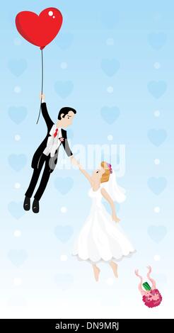 Couple marié à voler avec un ballon en forme de coeur Illustration de Vecteur