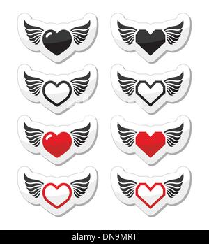 Coeur avec des ailes icons set Illustration de Vecteur