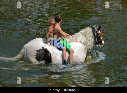 Gypsy traveller boys riding horse en rivière Eden. Foire aux chevaux, Appleby Appleby-in-Westmorland, Cumbria, Angleterre, Royaume-Uni. Banque D'Images