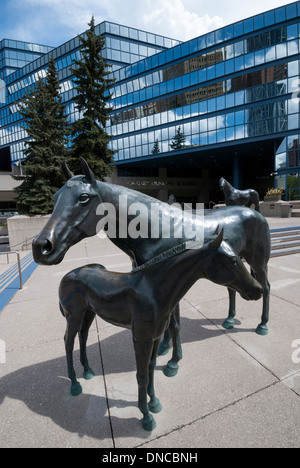 La sculpture de cheval sur la terrasse près de l'entrée du nouveau bâtiment municipal dans la ville de Calgary en Alberta. Banque D'Images