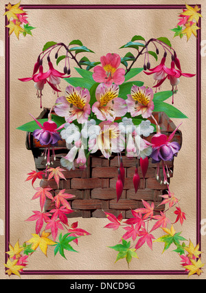 Art floral unique avec l'alstroemeria rose, violet fleurs fuchsias, coloré de rouge et d'or dans les feuilles d'automne panier en osier marron Banque D'Images